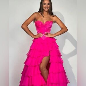 SHERRI HILL BASQUE WAIST CORSET RUFFLE 56911 Bright Fuschia